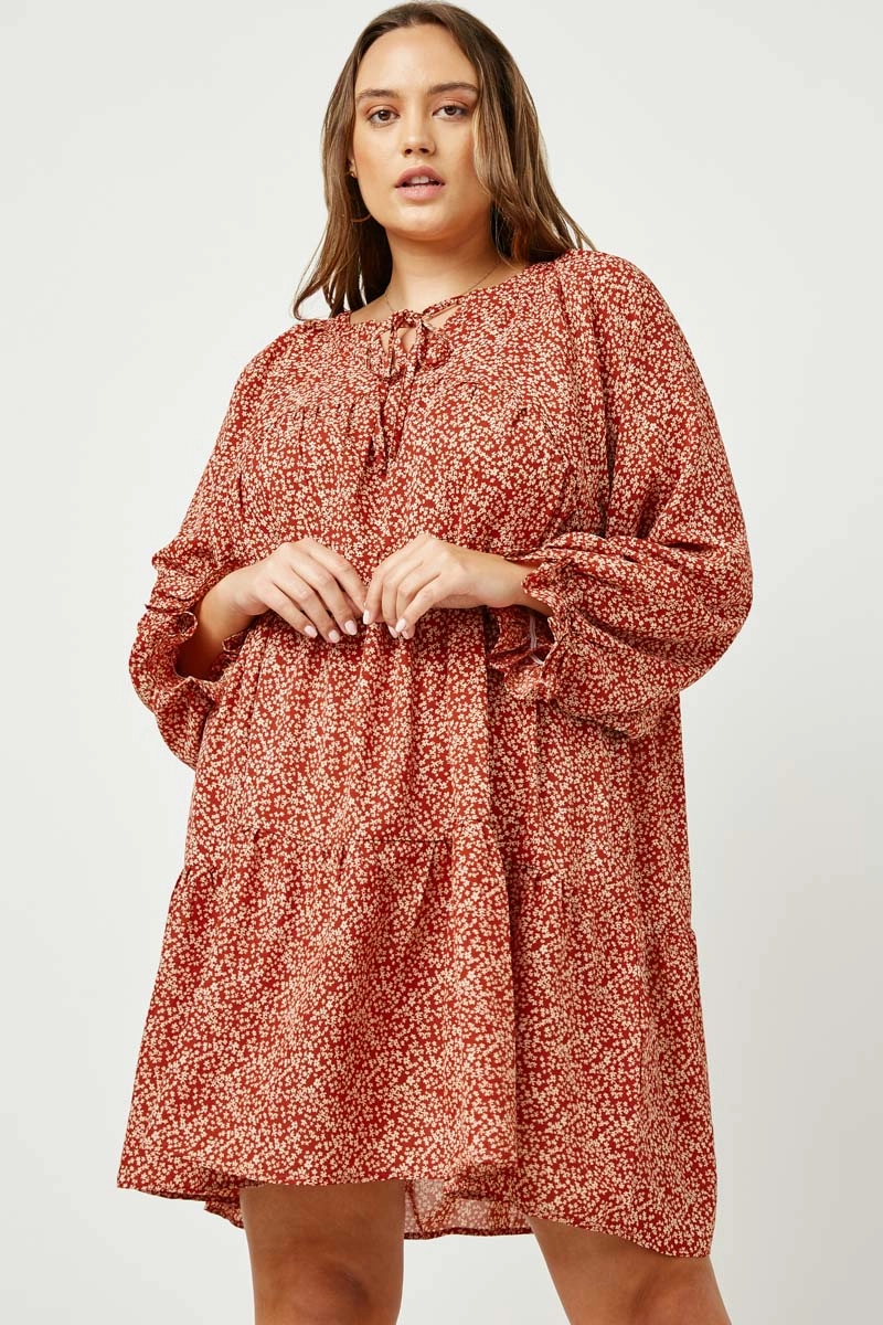 Ditsy Floral Tie Neck Long Sleeve Dress Sunset Hour Minimalist-Trend