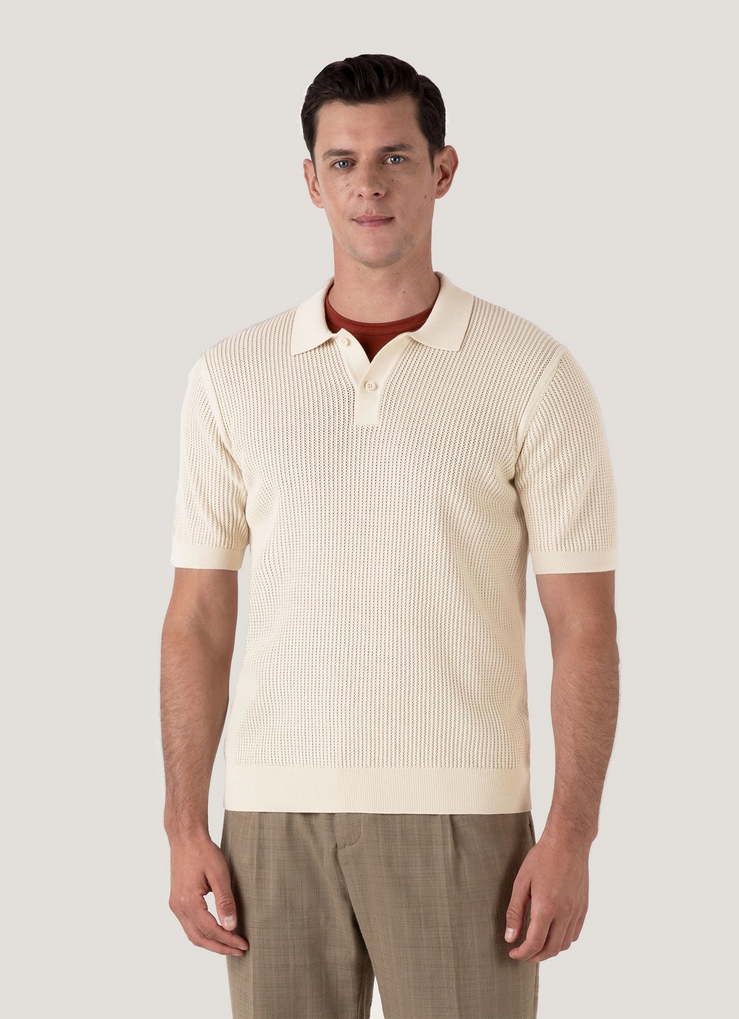 Fine Touch Men's Linear Mesh Knit Polo Shirt in Ecru