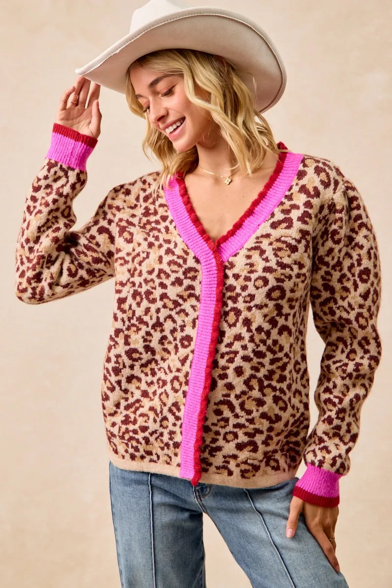 IT4595-01 | LEOPARD ARTWORK PULLOVER SWEATER TOP CONTRAST EDGE Weekend Style