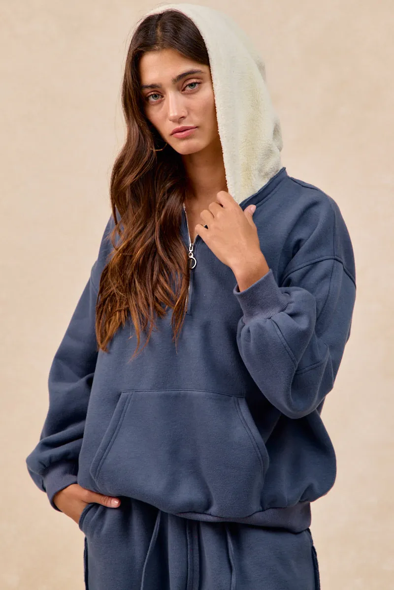 Single Buttons IT4751S-02 | BRUSHED TERRY HALF ZIP UP WITH FLEECE HOODIE TOP