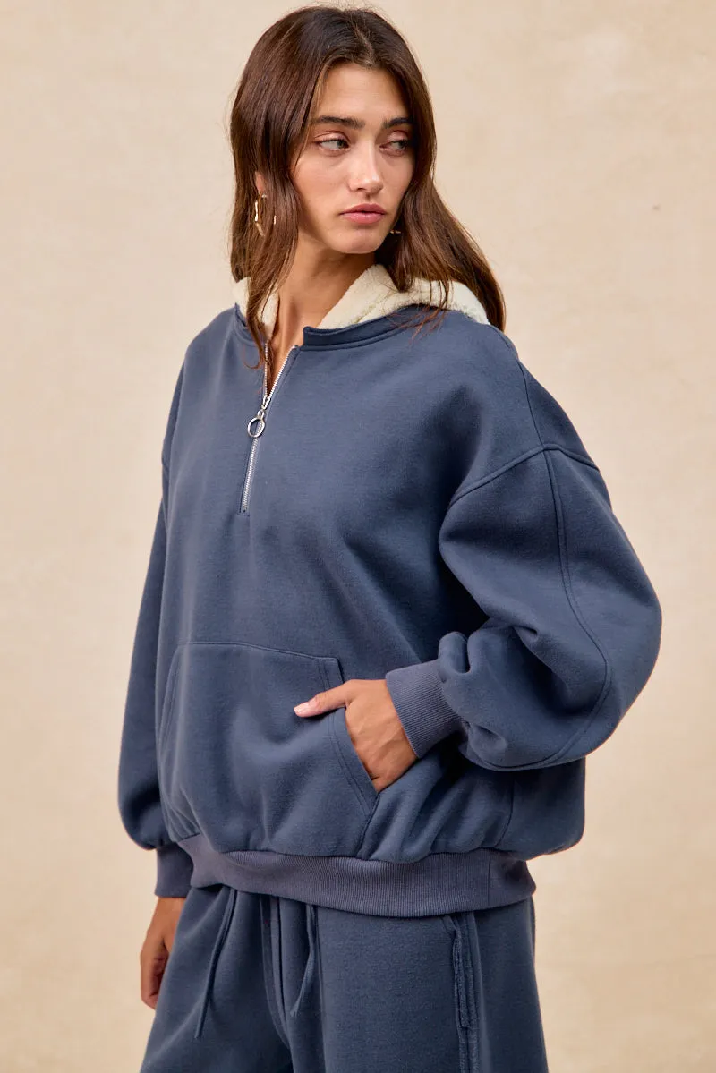 IT4751S-02 | BRUSHED TERRY HALF ZIP UP WITH FLEECE HOODIE TOP Go To Layer