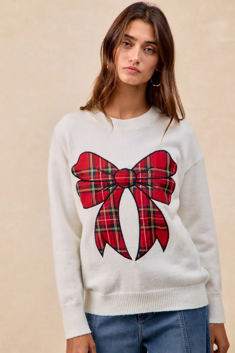 IP8254S-10 | CHRISTMAS PLAID BOW KNIT TOP Functional Waist Durable Utility