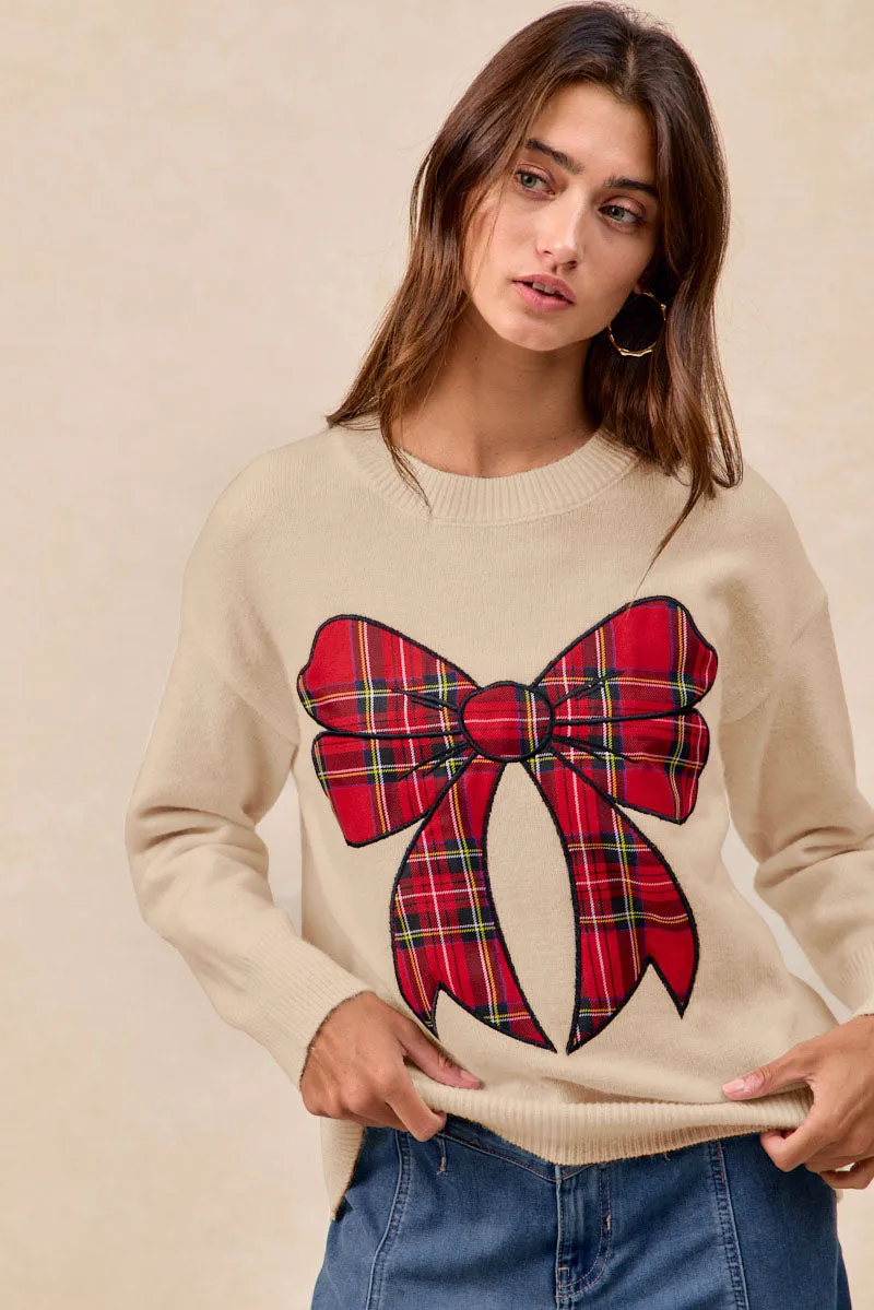 Smart Style IP8254S-10 | CHRISTMAS PLAID BOW KNIT TOP