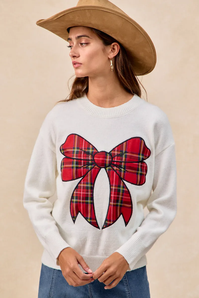IP8254S-10 | CHRISTMAS PLAID BOW KNIT TOP Fashion-Forward Flexible Wear