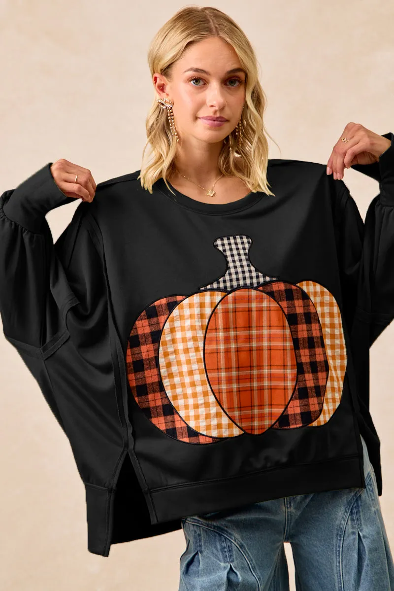 Bootcut shape Statement Piece IT3426G-27 | PLAID PUMPKIN PATCHWORK FRENCH TERRY SWEATSHIRT