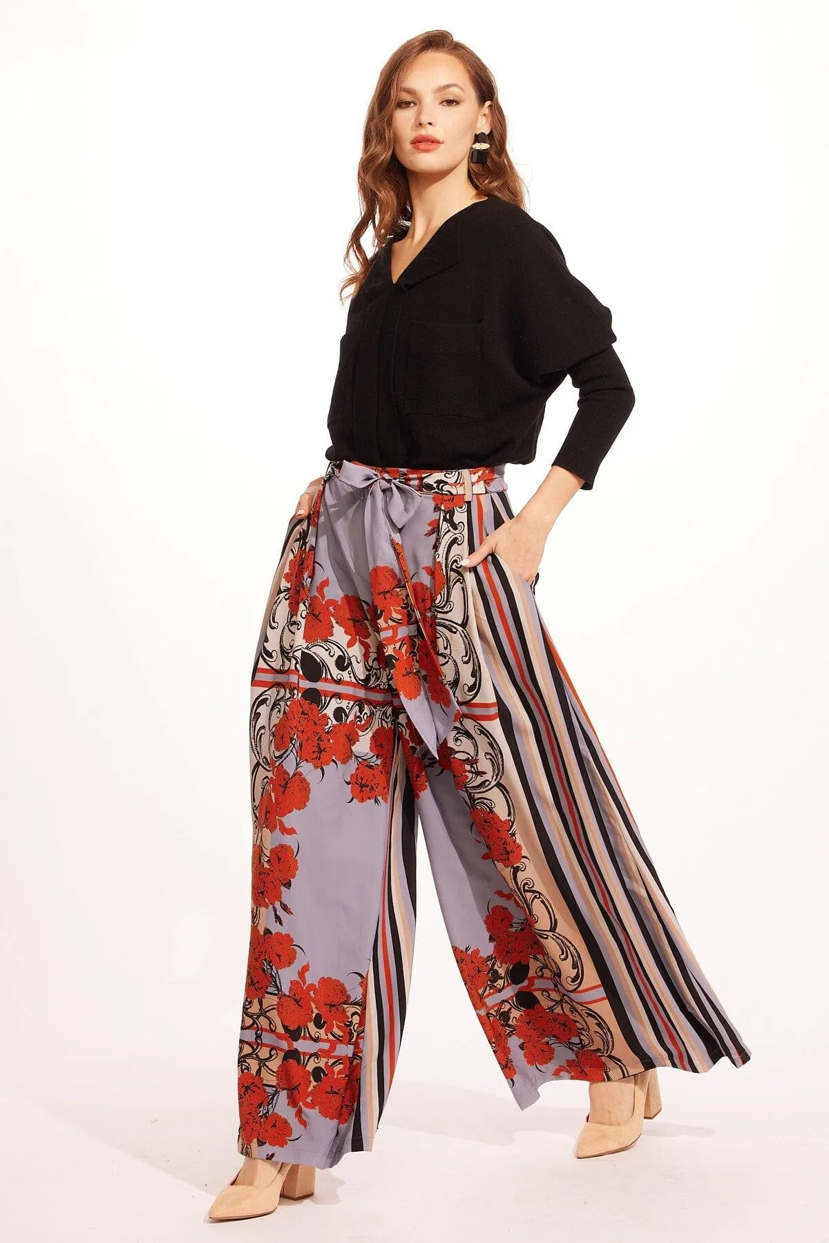 Flared-retro Salinger Wide Leg Pants-Arabesque
