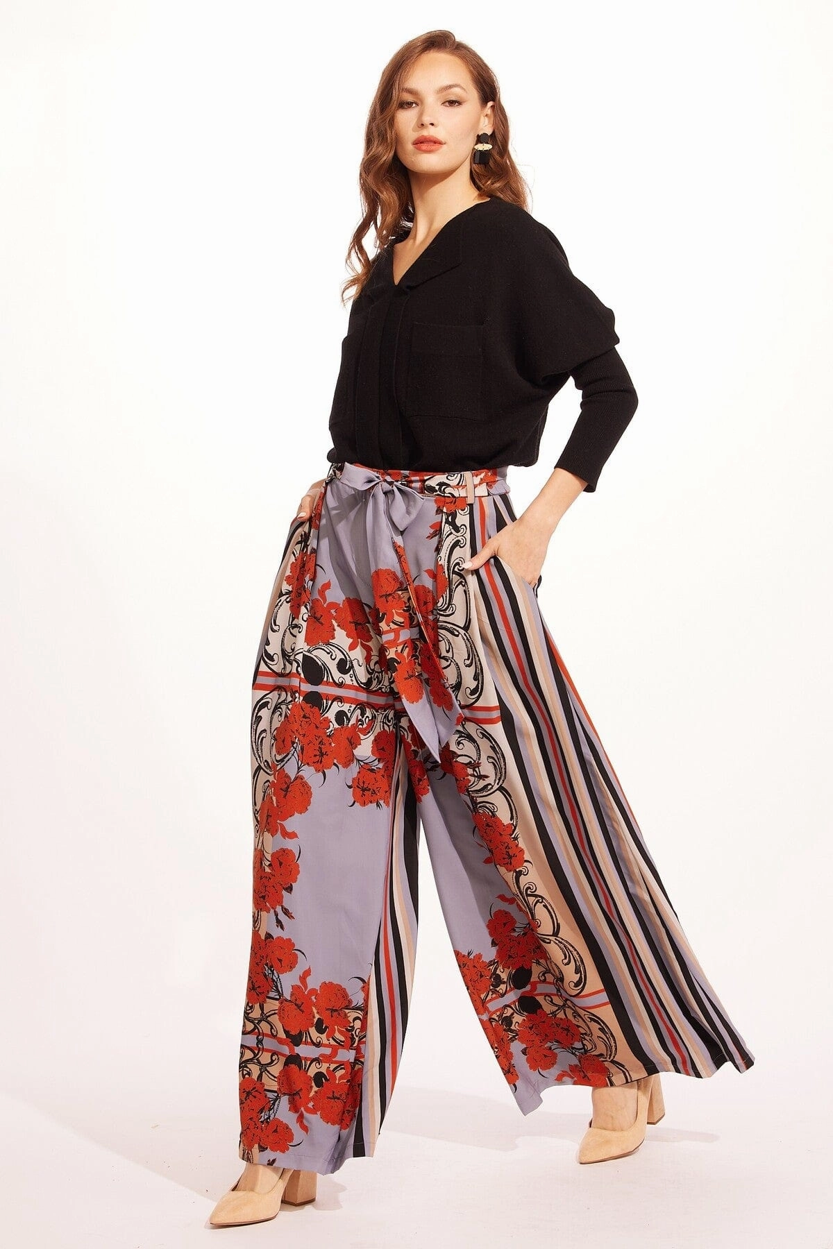 Flared-retro Salinger Wide Leg Pants-Arabesque