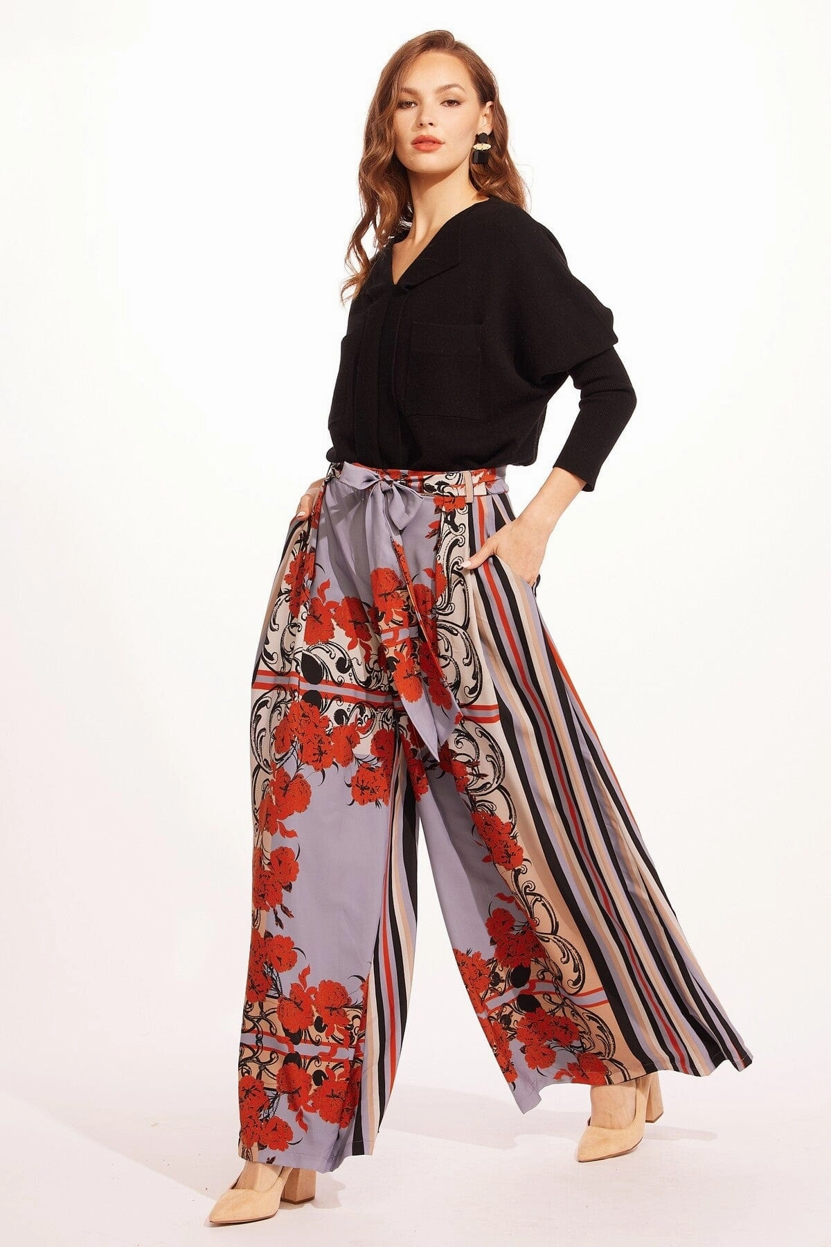 Flared-retro Salinger Wide Leg Pants-Arabesque