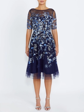 Smocked-Detail Catalina Navy Midi Dress