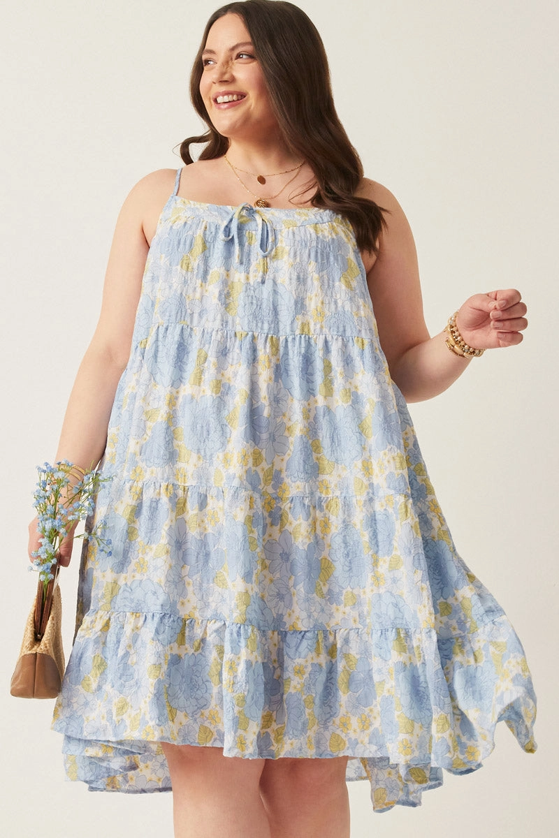 Shared Moment Minimal Core Front Tie Textured Floral Tiered Tank Dress