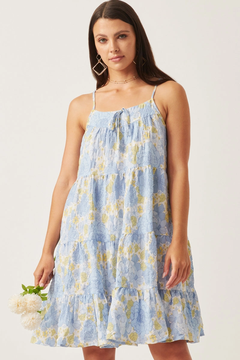 Formal Setting Sleek Layer Front Tie Textured Floral Tiered Tank Dress