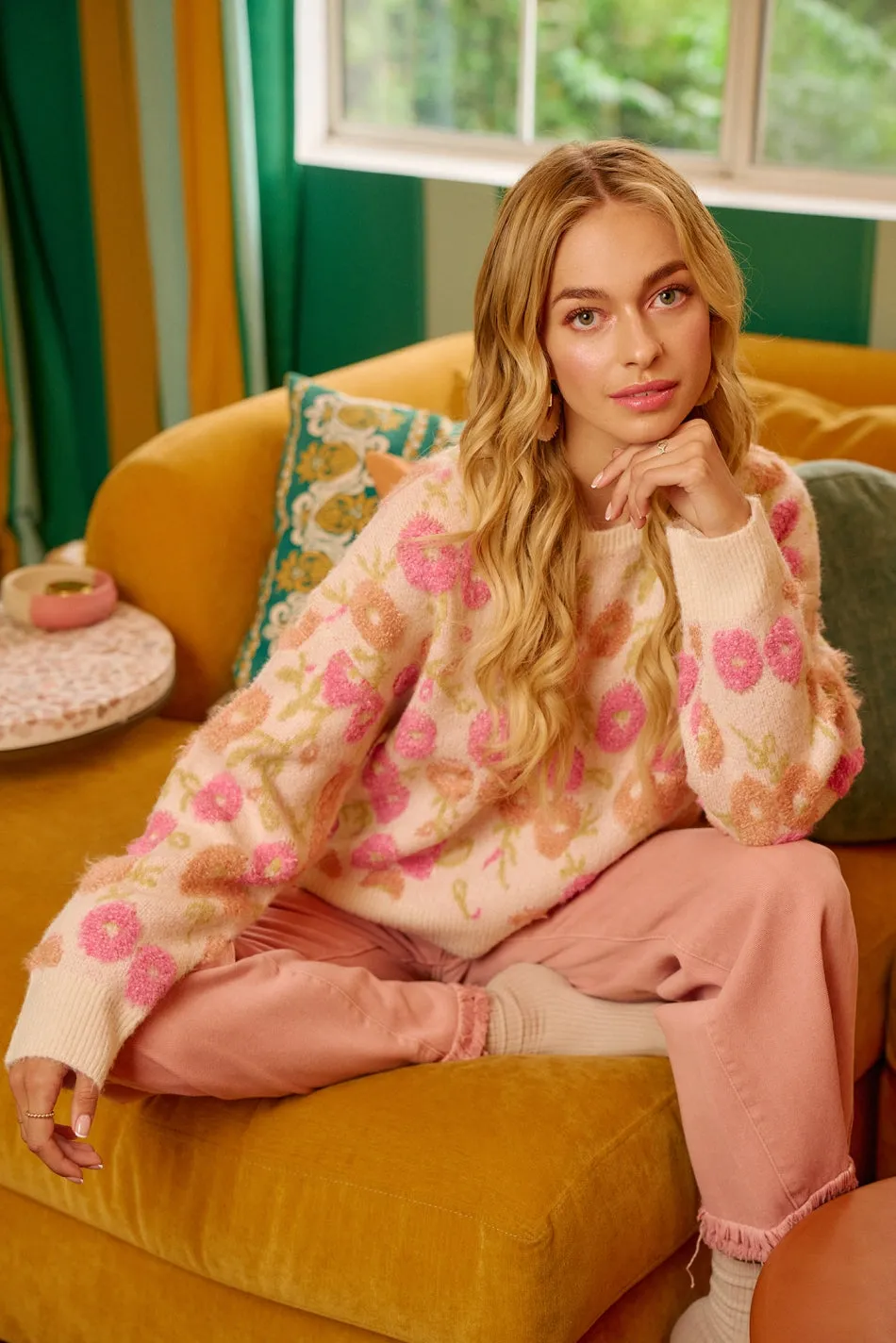 Core Style IP8563S-02 | TOWEL TEXTURE FLORAL PATTERN SWEATER KNIT TOP