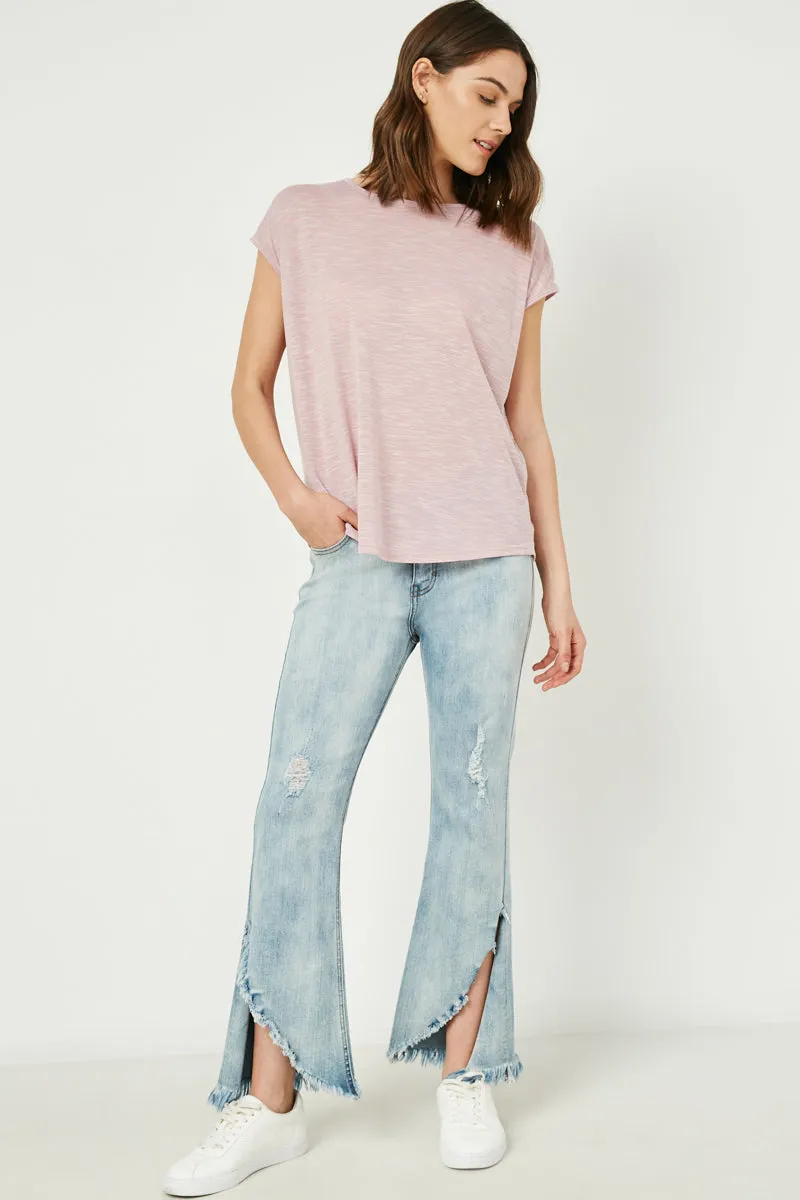 Form Fitting Movement Ease Frayed Distressed Denim Flare Jeans