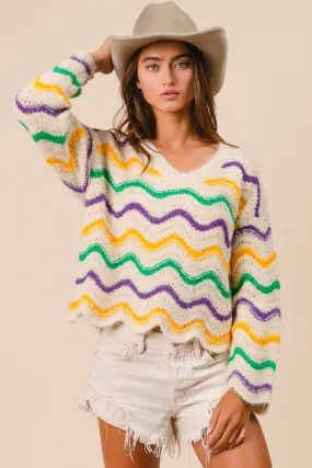 IT3106-01 | MARDI GRAS WAVY STRIPES V-NECK SWEATER Active Lifestyle Customizable length