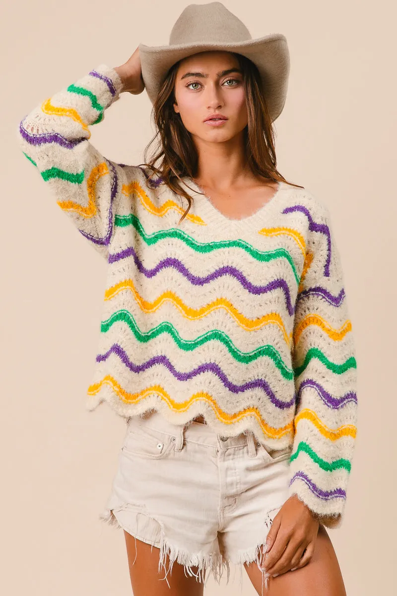 IT3106-01 | MARDI GRAS WAVY STRIPES V-NECK SWEATER Urban Cool