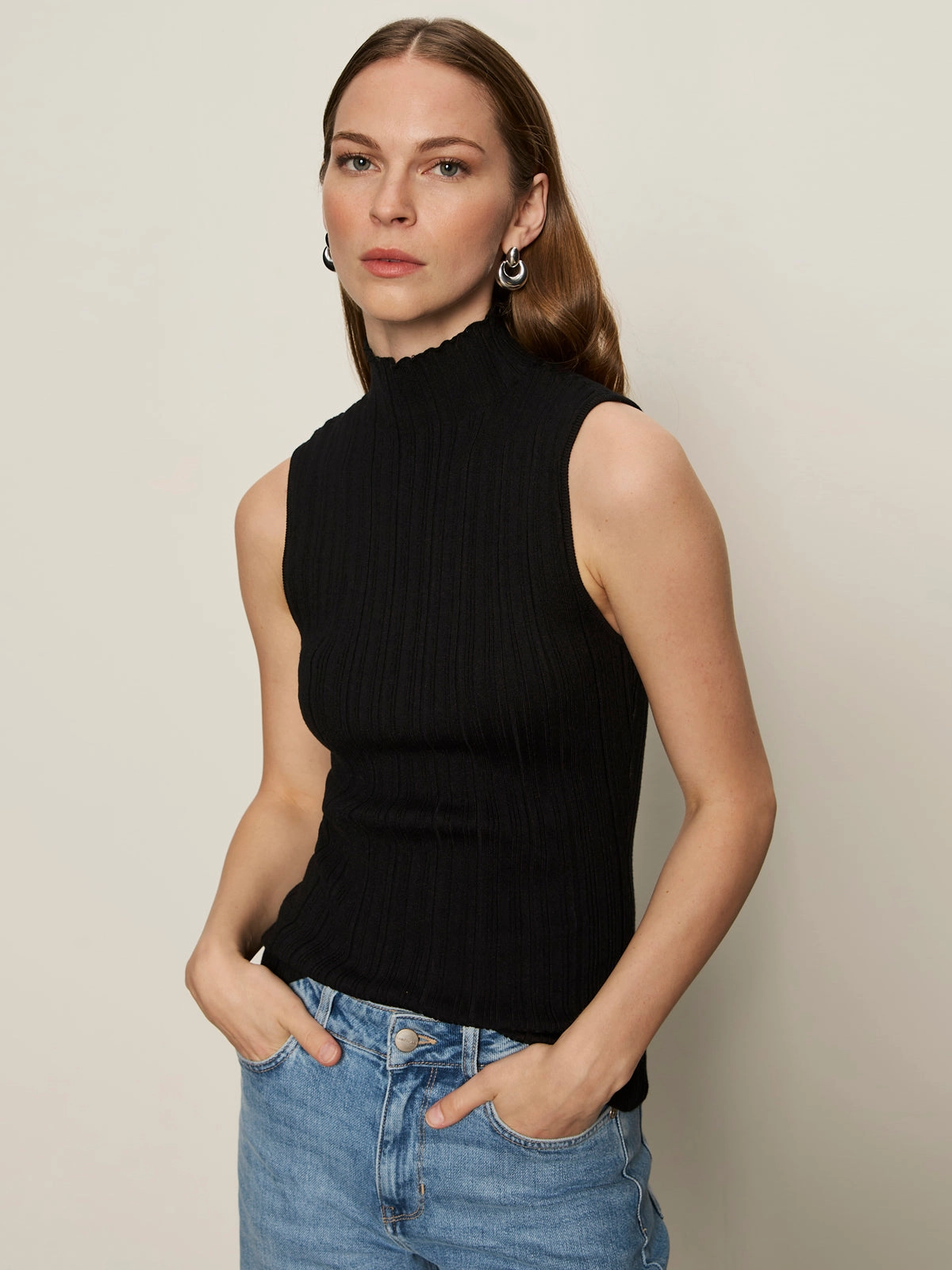 Flattering Drapes Ribbed Funnel Neck Top Black