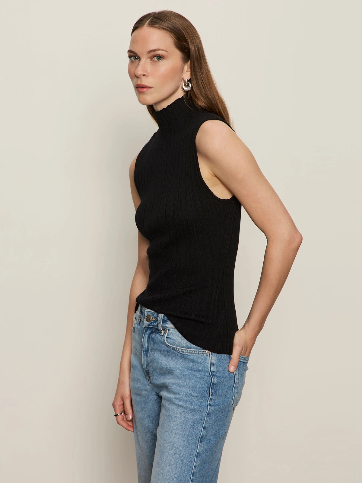 Flattering Drapes Ribbed Funnel Neck Top Black