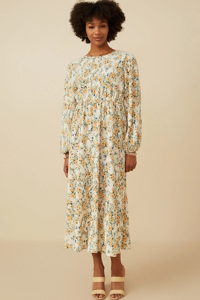 Cotton Skin Quilted-Texture Botanical Print Puffed Long Sleeve Dress