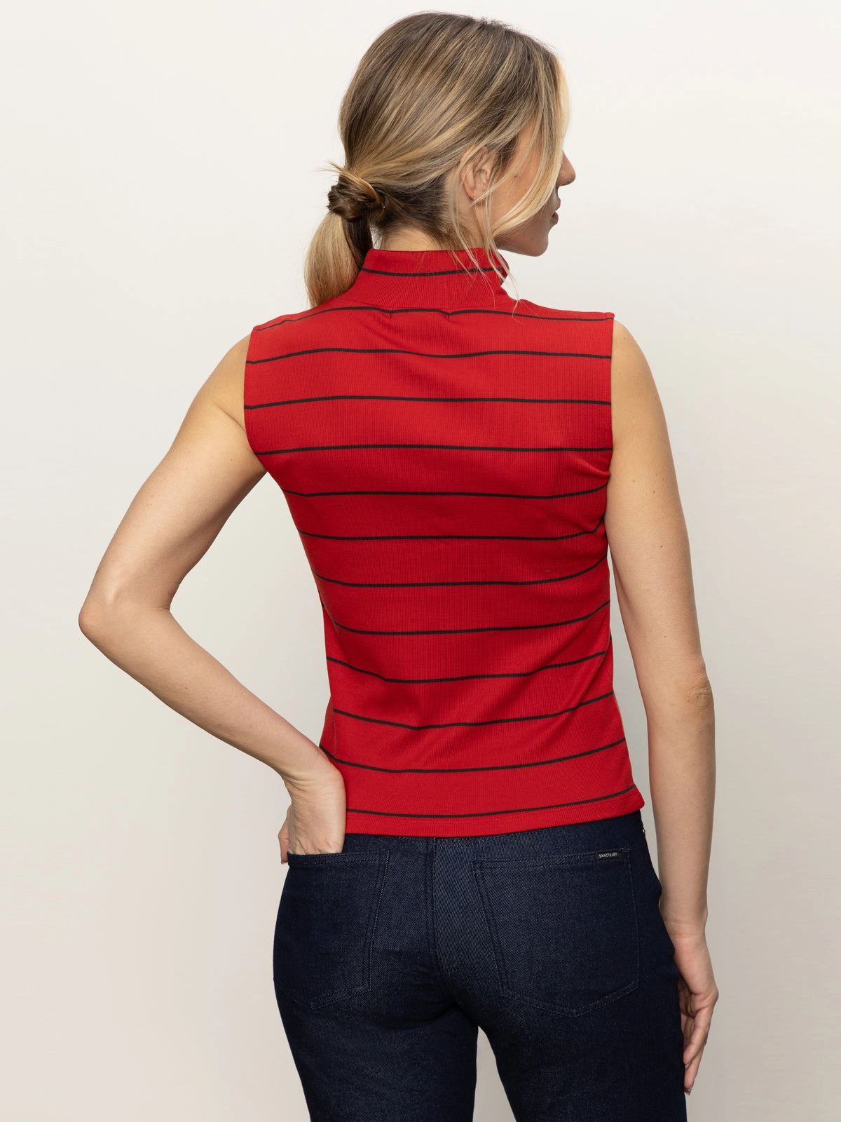 Flattering Style Sleeveless Zip Mock Top Red Energy/Black Stripe