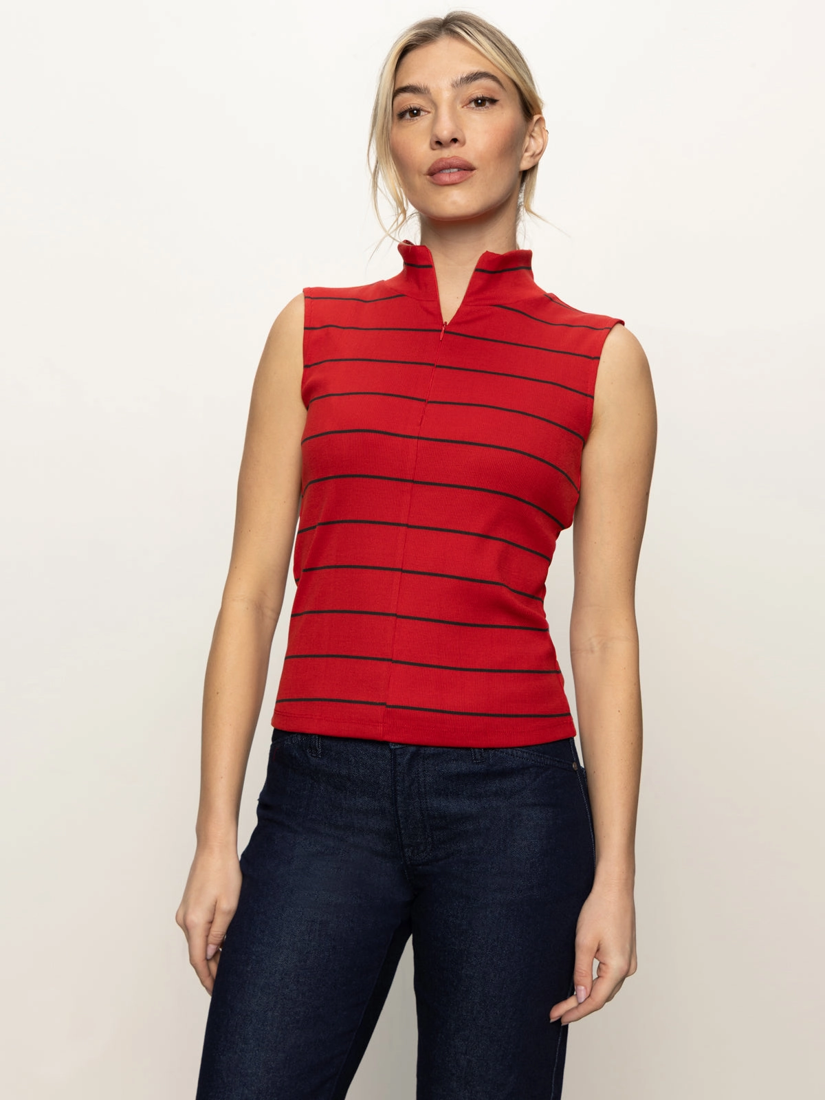 Flattering Style Sleeveless Zip Mock Top Red Energy/Black Stripe