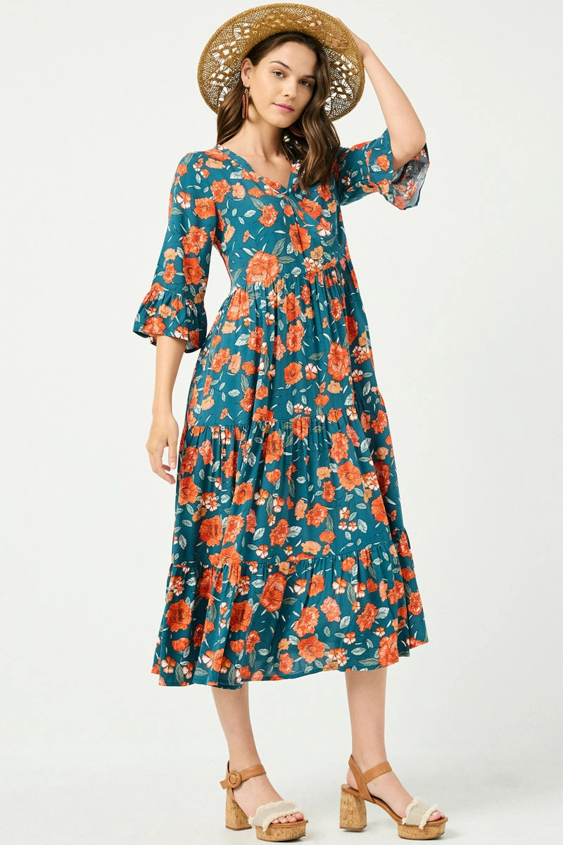 Romantic Floral Ruffle Sleeve Surplice Midi Dress Buckle-Detail
