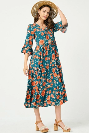 Chic Harmony Influencer-Approved Romantic Floral Ruffle Sleeve Surplice Midi Dress