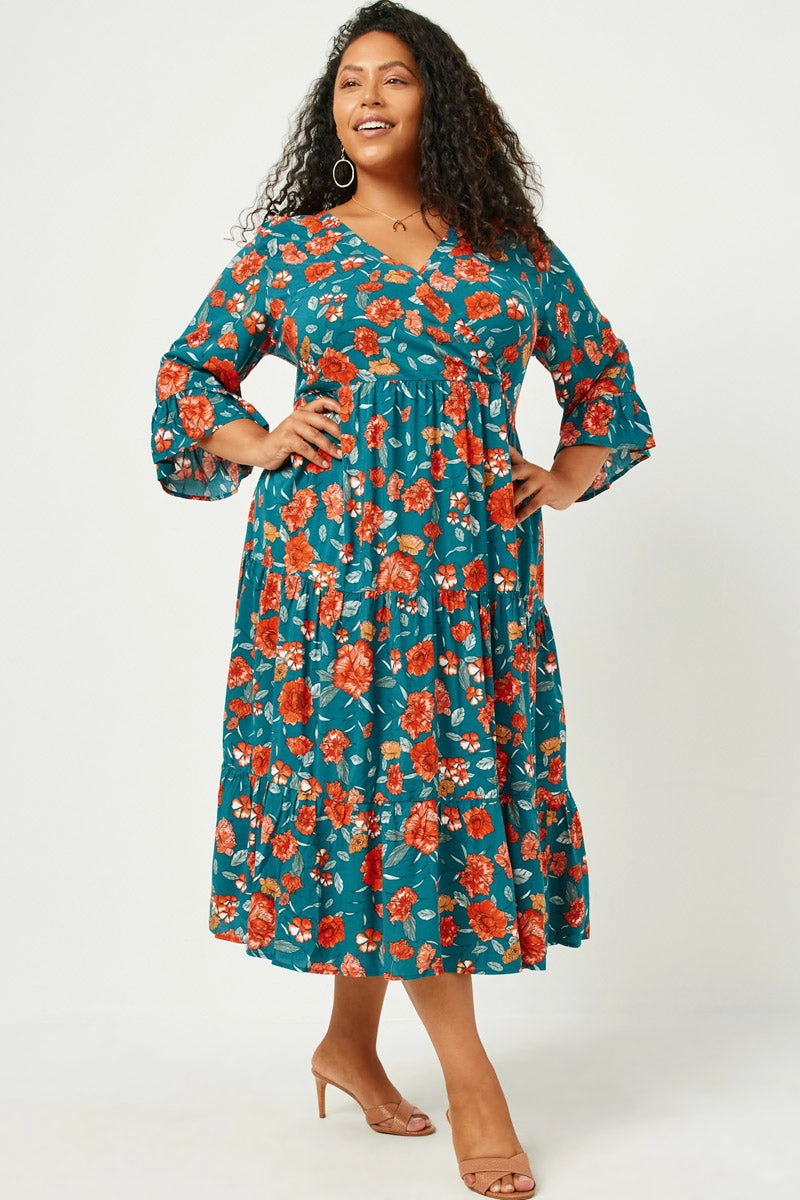 Romantic Floral Ruffle Sleeve Surplice Midi Dress Runway-Ready