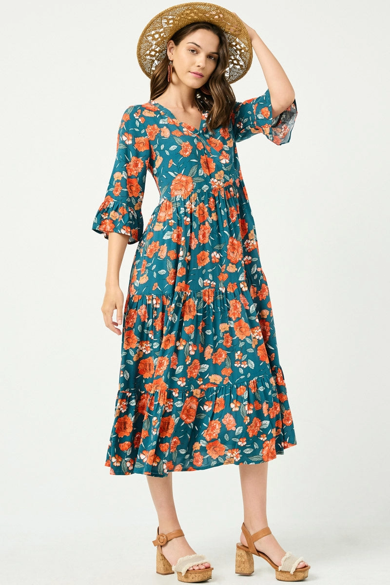 Sharp Fit Flow Sleeve Romantic Floral Ruffle Sleeve Surplice Midi Dress