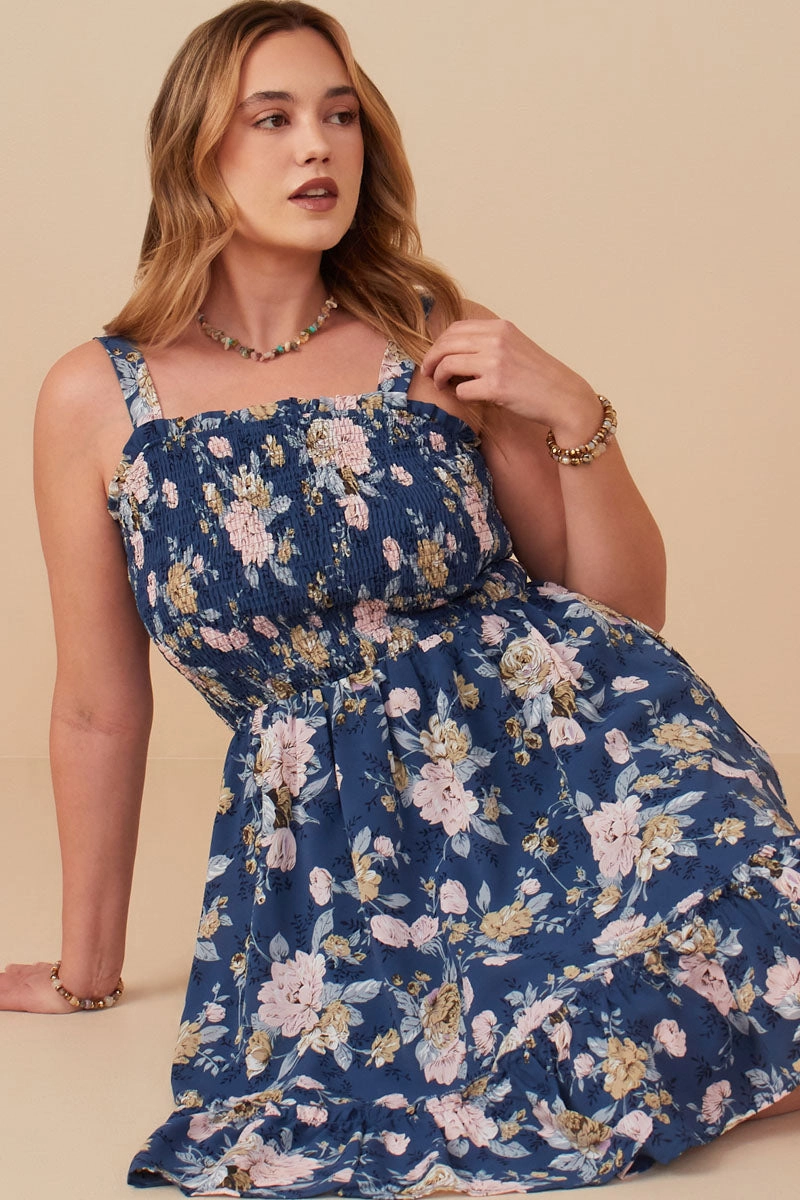 Romantic Floral Smocked Bodice Tank Dress Casual Core Versatile Mood