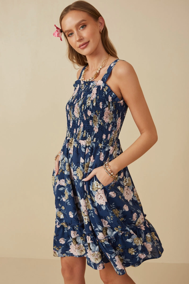Romantic Floral Smocked Bodice Tank Dress Soft