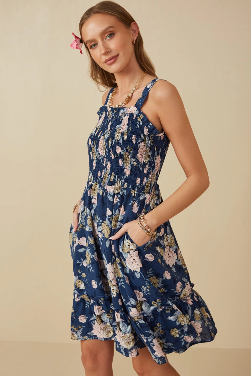Timeless boho dress Simple formal dress Romantic Floral Smocked Bodice Tank Dress
