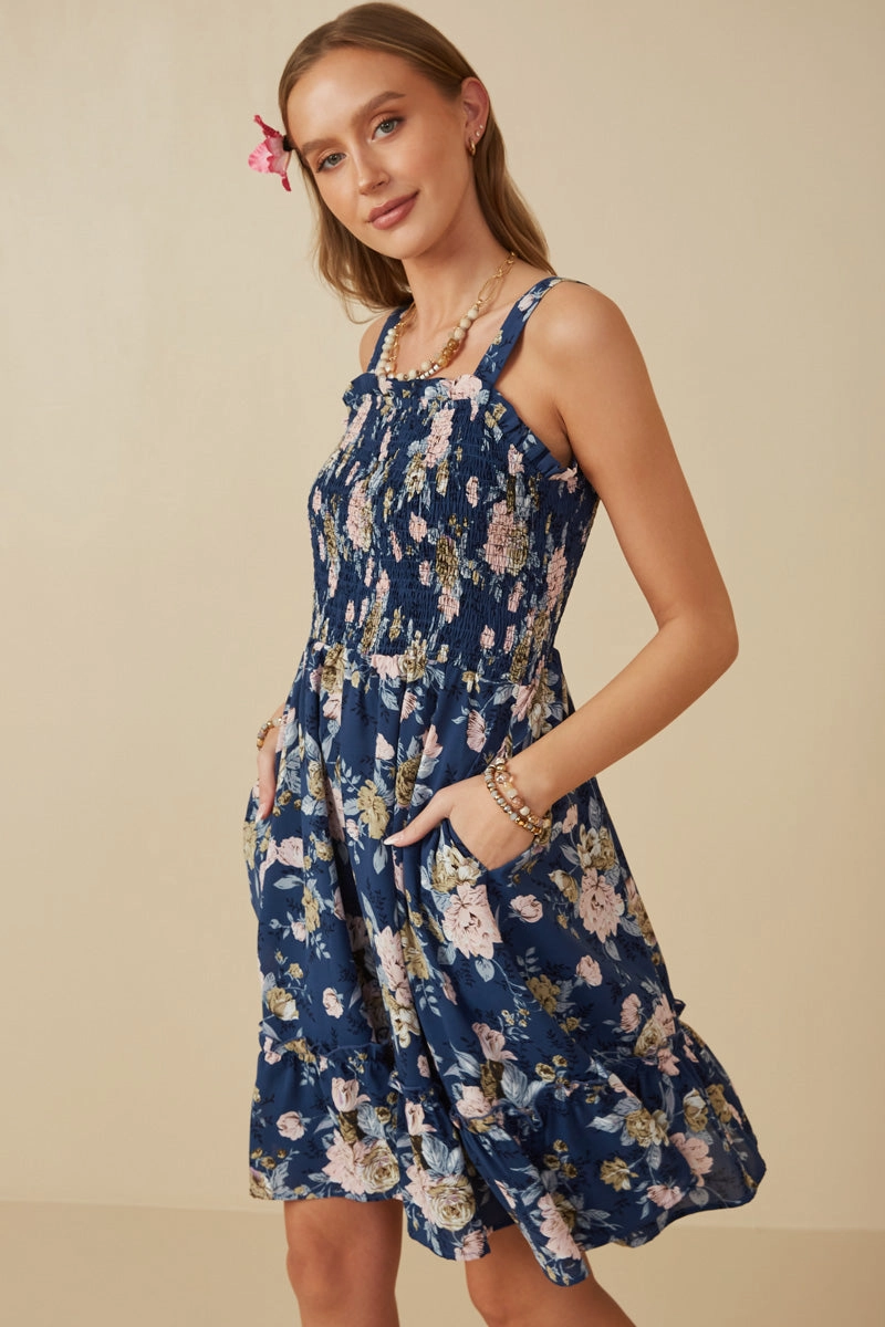 Classic A-line design Romantic Floral Smocked Bodice Tank Dress