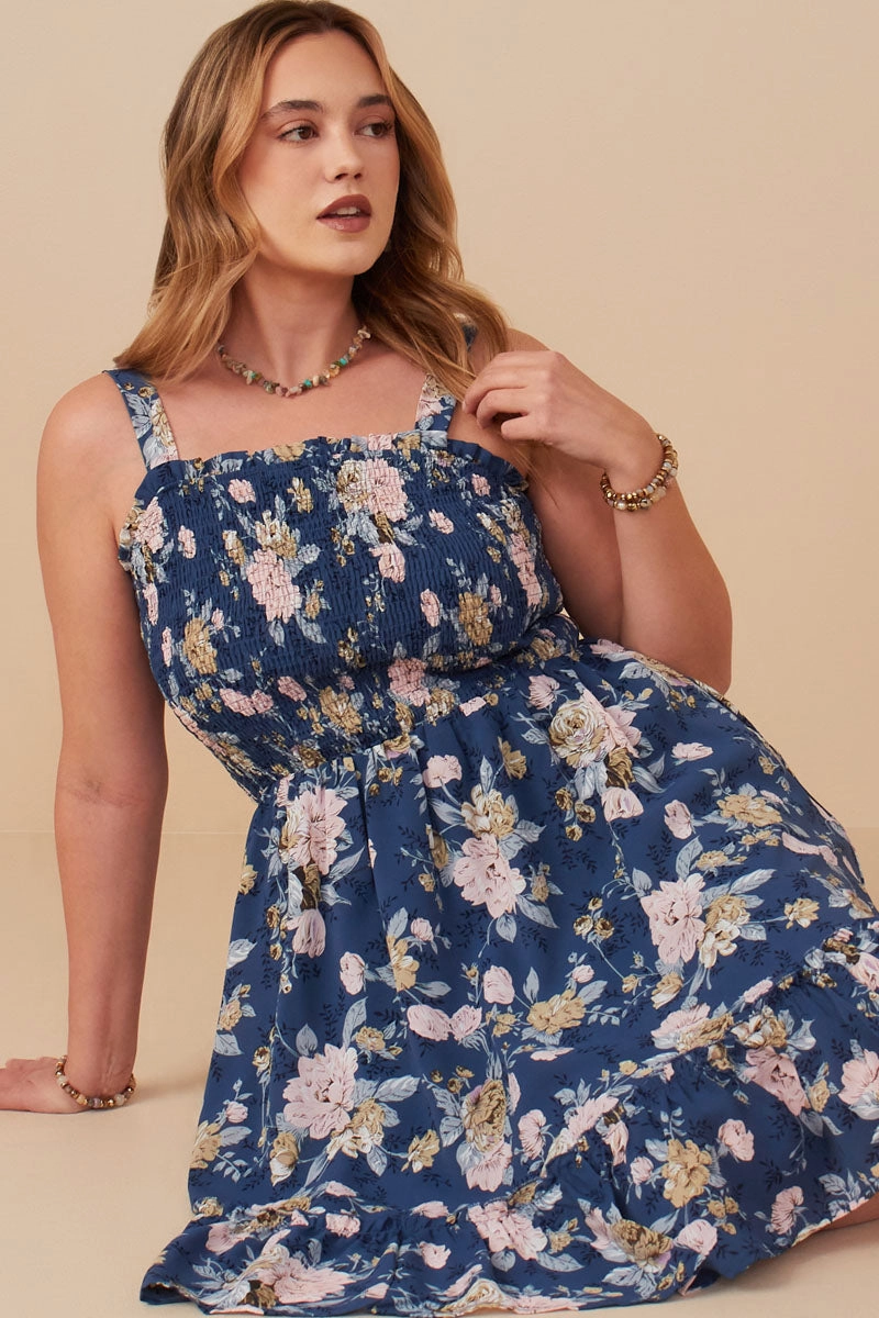 Stylish Mood Romantic Floral Smocked Bodice Tank Dress