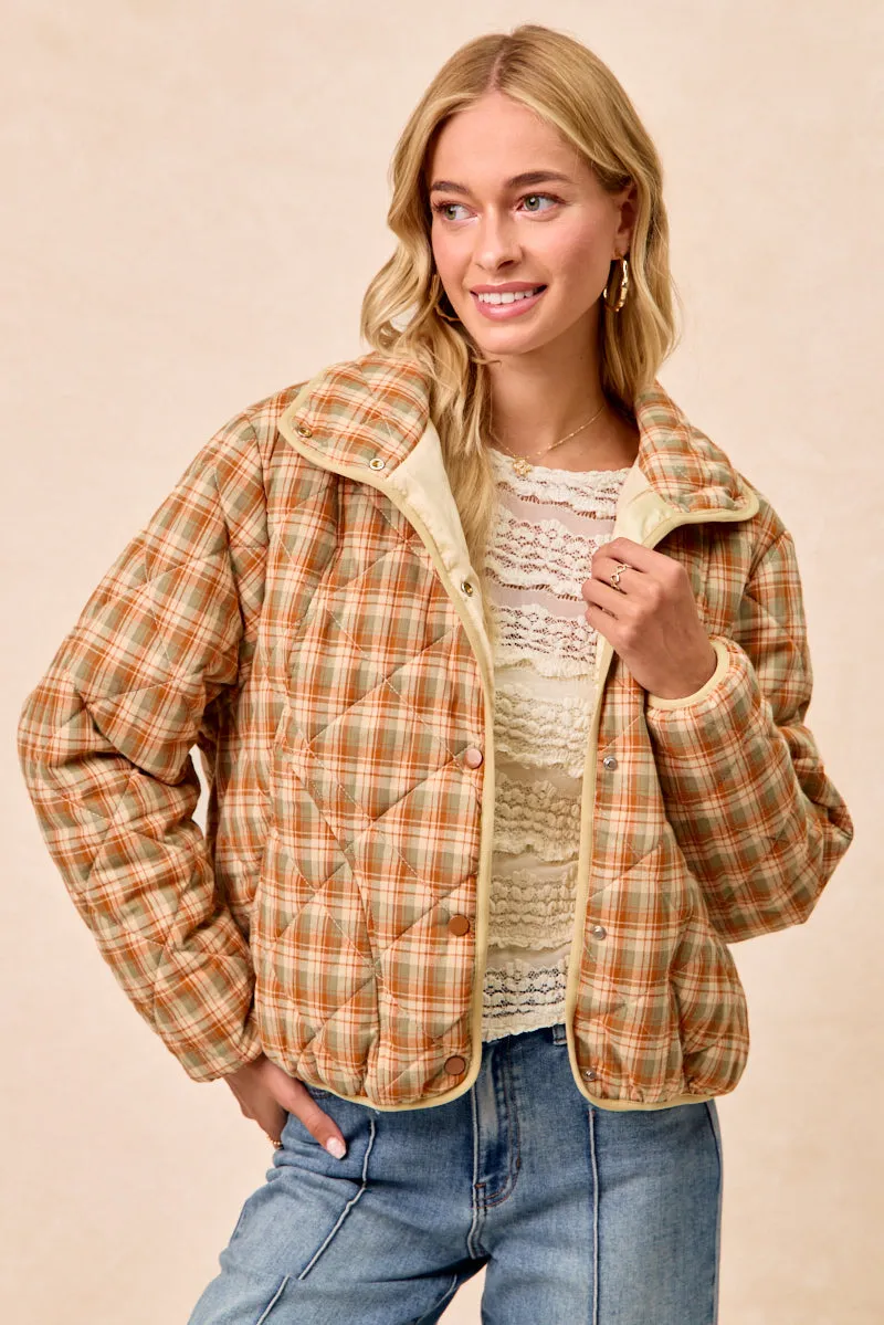 IP8318G-09 | VINTAGE PLAID PIPING DETAIL QUILTED JACKET Sleek Design
