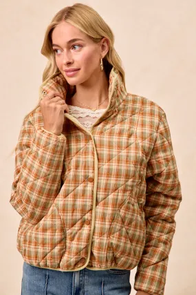IP8318G-09 | VINTAGE PLAID PIPING DETAIL QUILTED JACKET Insulated Warmth slim cut