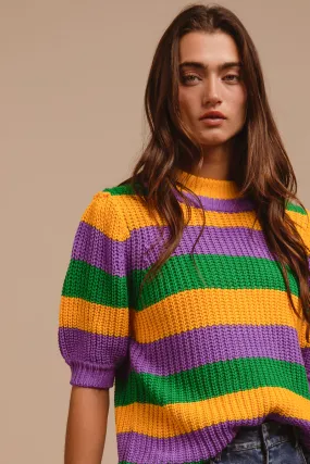 IT3189S-02 | MARDI GRAS STRIPE HACCI KNIT HALF SLEEVES TOP Subtle Design Detail Cool Climate