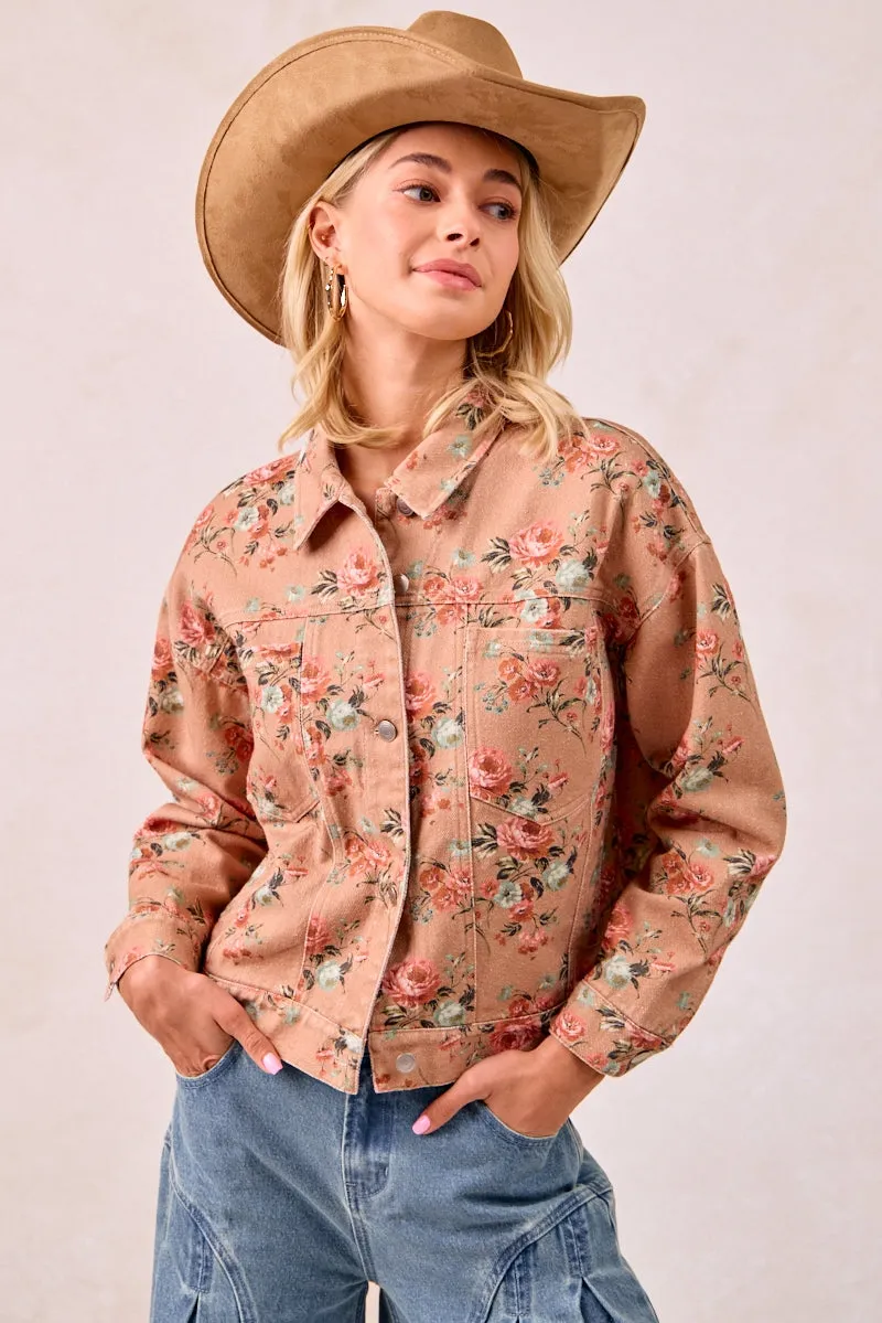 Modern Aesthetic IT4441S-01 | WASHED FLORAL PRINTED DENIM JACKET WITH BACK PLEAT