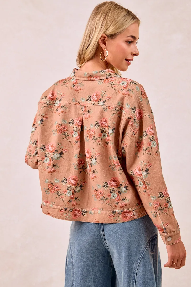 Soft Comfort Design Mark Style IT4441S-01 | WASHED FLORAL PRINTED DENIM JACKET WITH BACK PLEAT