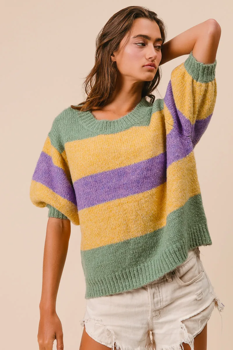 IT3151-01 | SHORT PUFF SLEEVE MARDI GRAS STRIPES SWEATER Slim Silhouette