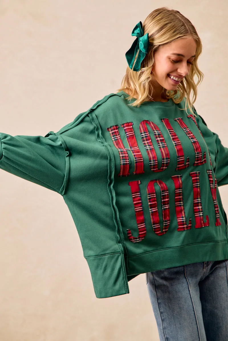 IT3426G-19 | CHRISTMAS PLAID HOLLY JOLLY LETTERING SWEATSHIRT Functional Ease Stretch fit