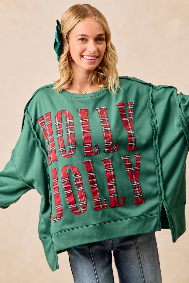 Comfortable Waistband IT3426G-19 | CHRISTMAS PLAID HOLLY JOLLY LETTERING SWEATSHIRT