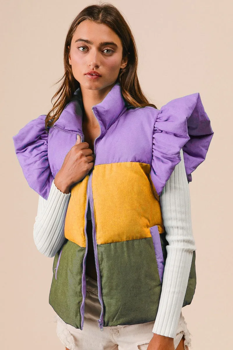 Feminine Fit Belt loops IT2924-05 | MARDI GRAS  COLORS BLOCK PUFFER RUFFLED DETAIL
