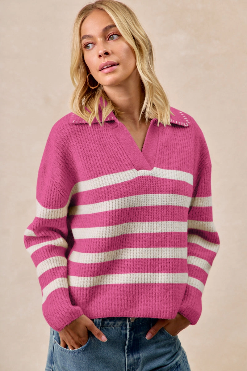 IT4580-01 | STRIPED SWEATER TOP WITH COLLAR STITCHED DETAILS Layering Piece City Vibe