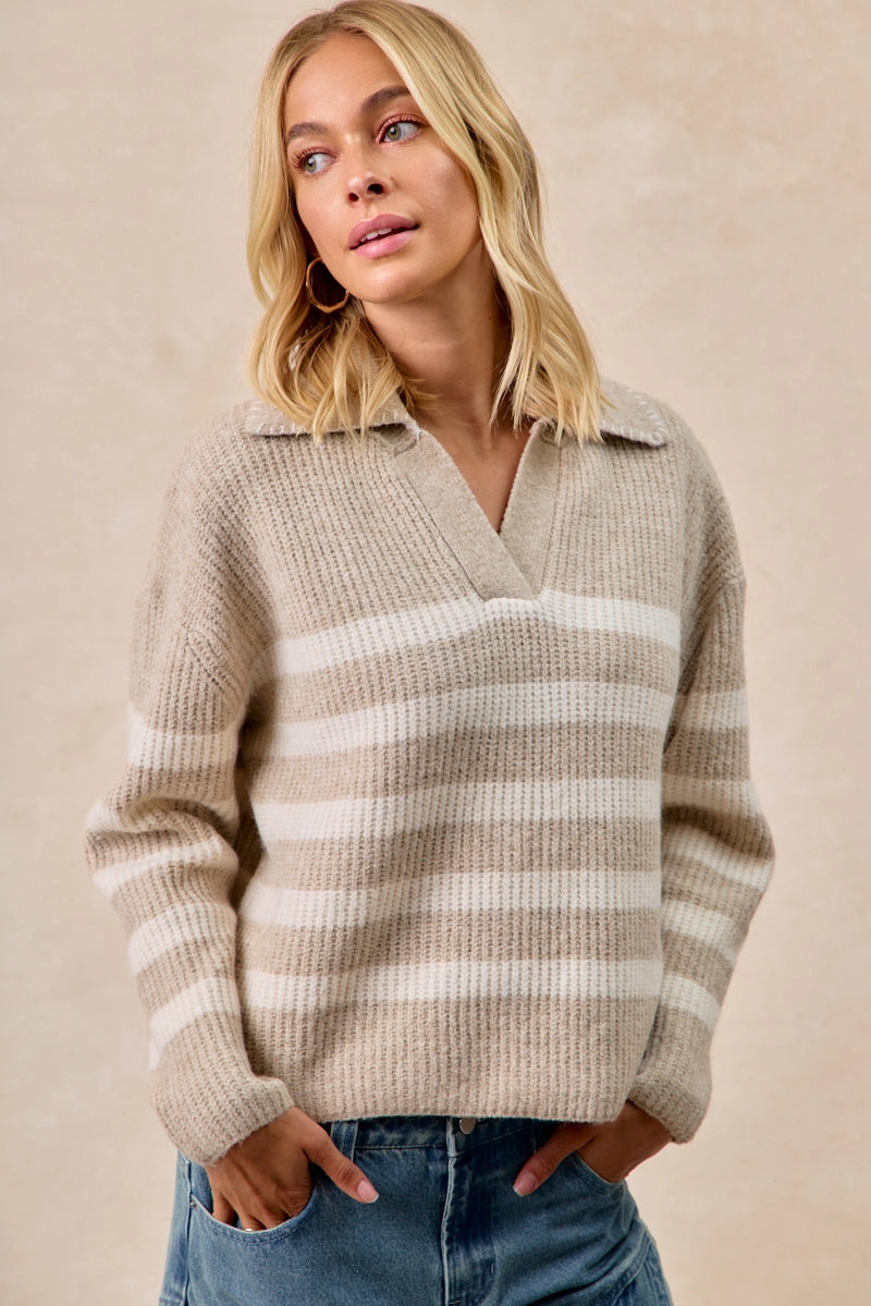All Day Style IT4580-01 | STRIPED SWEATER TOP WITH COLLAR STITCHED DETAILS