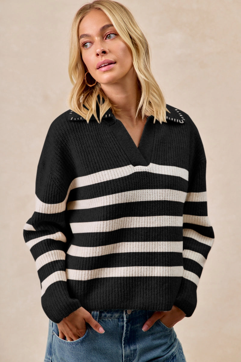 Tapered ankle IT4580-01 | STRIPED SWEATER TOP WITH COLLAR STITCHED DETAILS