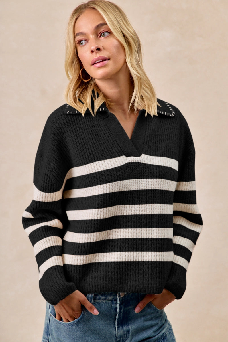 IT4580-01 | STRIPED SWEATER TOP WITH COLLAR STITCHED DETAILS All Day Comfort Versatile Look