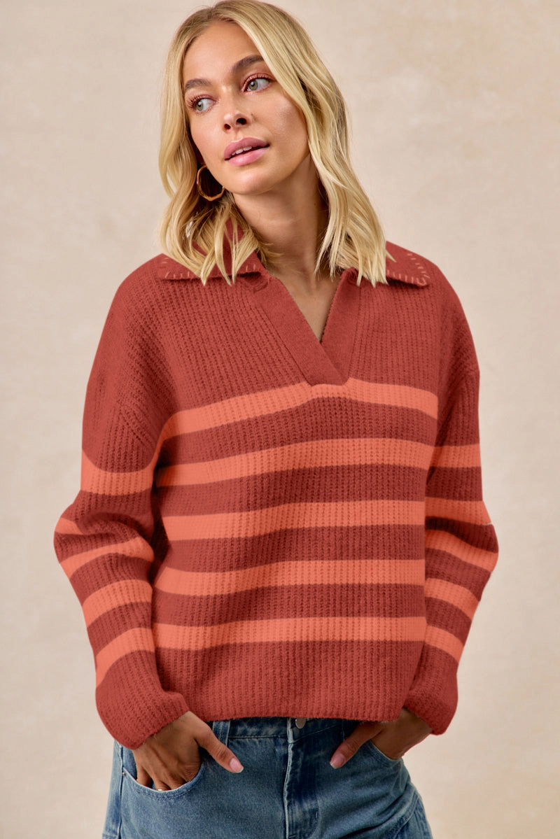 Rayon drape Air Comfort IT4580-01 | STRIPED SWEATER TOP WITH COLLAR STITCHED DETAILS
