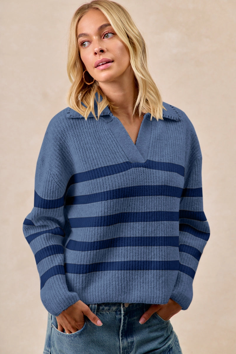 Soft Stretch Outdoor Use IT4580-01 | STRIPED SWEATER TOP WITH COLLAR STITCHED DETAILS