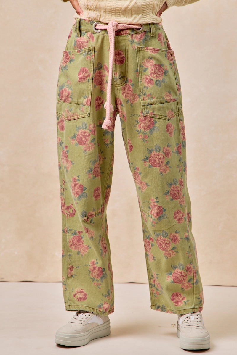 IB1537G-16P | BRAIDED WAIST BELT PATCH POCKETS FLORAL PRINT PANT Flattering Design