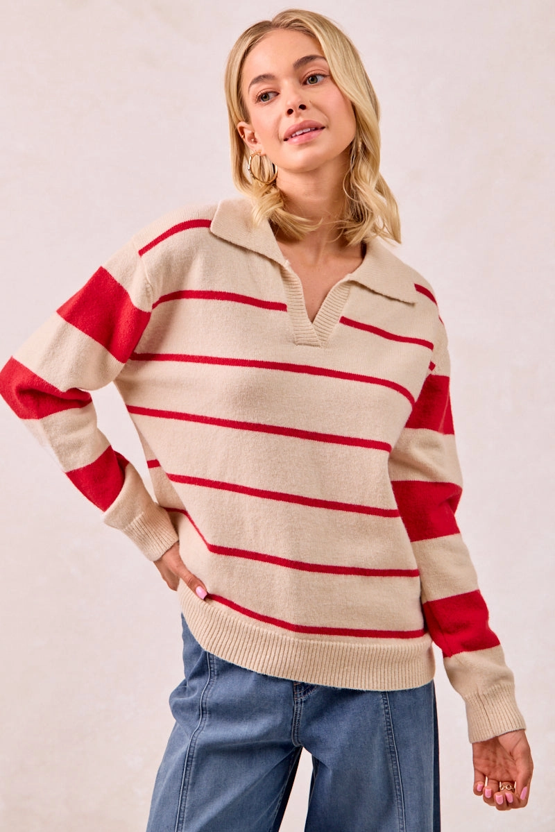 IT4312-01 | CONTRAST STRIPED SOLID KNIT SWEATER TOP Wool blend Flexible Wear